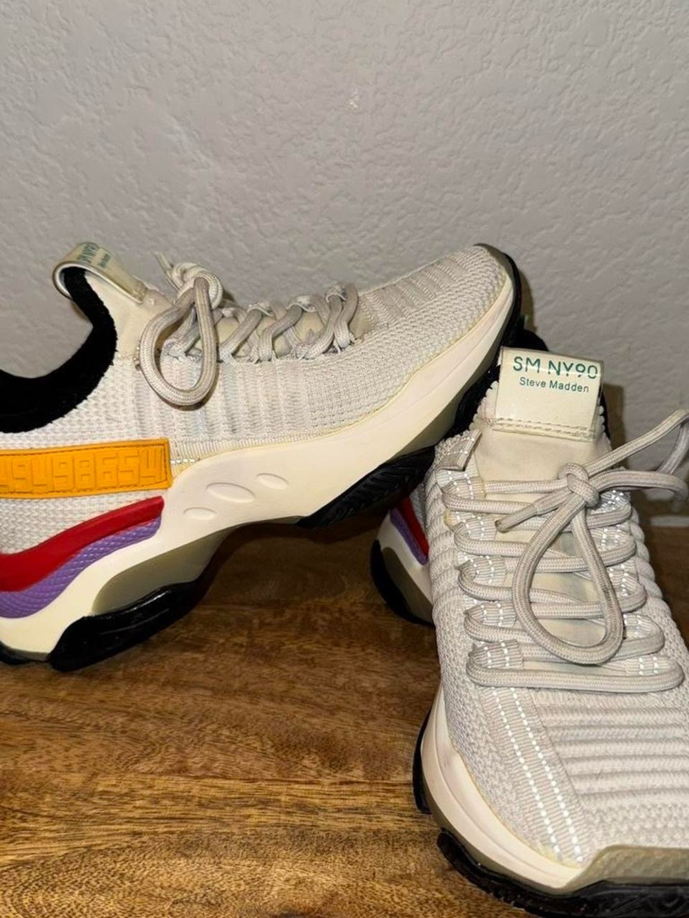 Steve Madden Cream Knit Sneakers with Red, Purple & Yellow Accents
